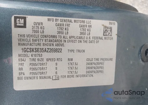 2010 Chevrolet Silverado K1500 Lt из США, поврежденный, VIN 1GCSKSE35AZ269822